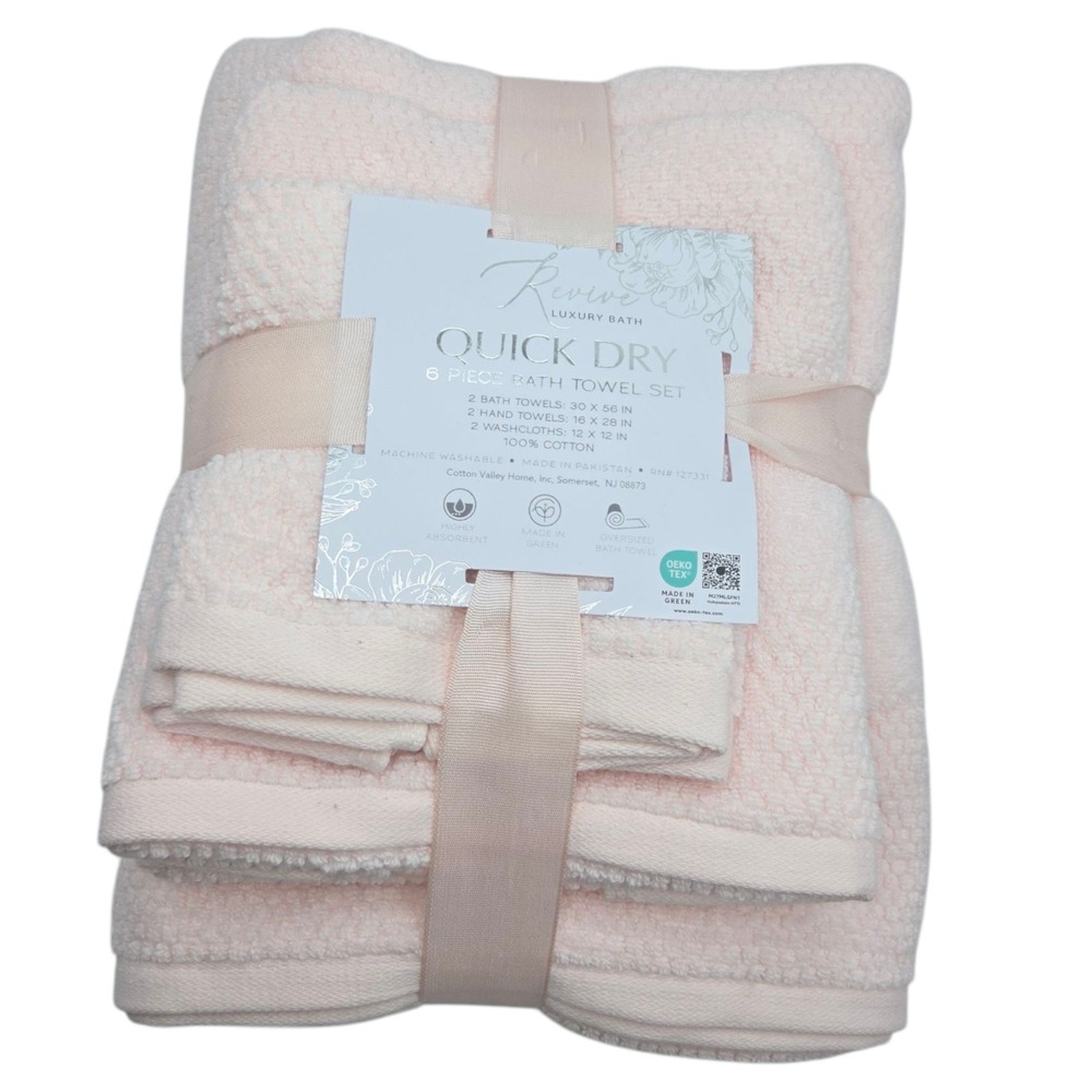 Revive Luxury‎ Bath 6pc Pink Cotton Towel Set Zero Twist 2Bath 2Hand 2Washcloths